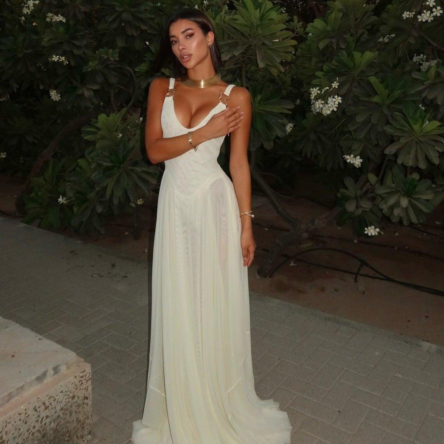 Ivory mesh maxi dress with a deep V-neck, fitted bodice, and flowing skirt, styled elegantly with minimal accessories.