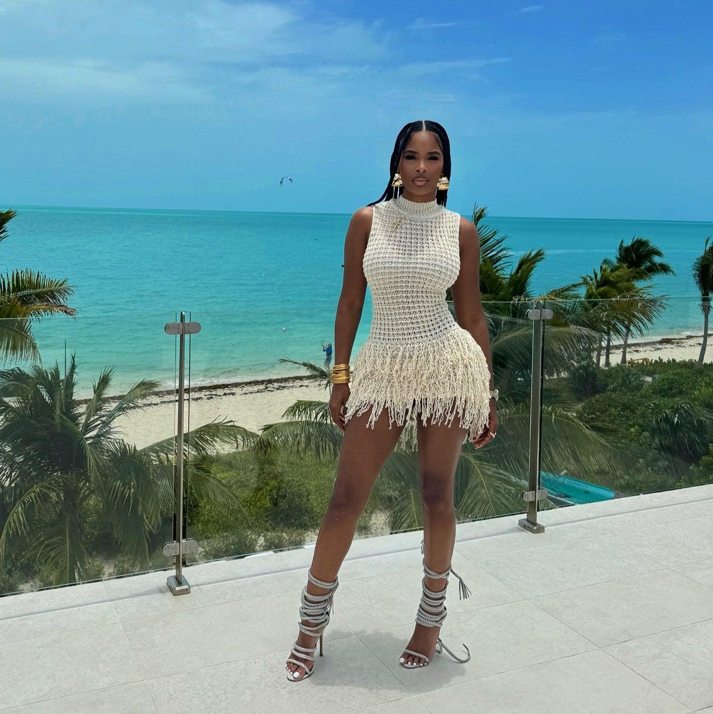 crochet mini dress with fringe, beachwear style