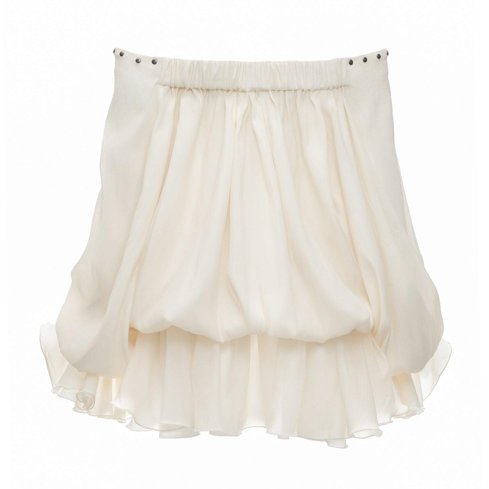 Ivory off-shoulder mini dress with lace-up detail and voluminous layered skirt, perfect for summer outings.