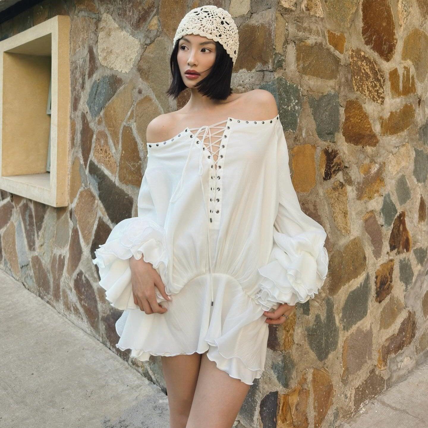 Tiffany Off Shoulder Lace Up White Mini Dress