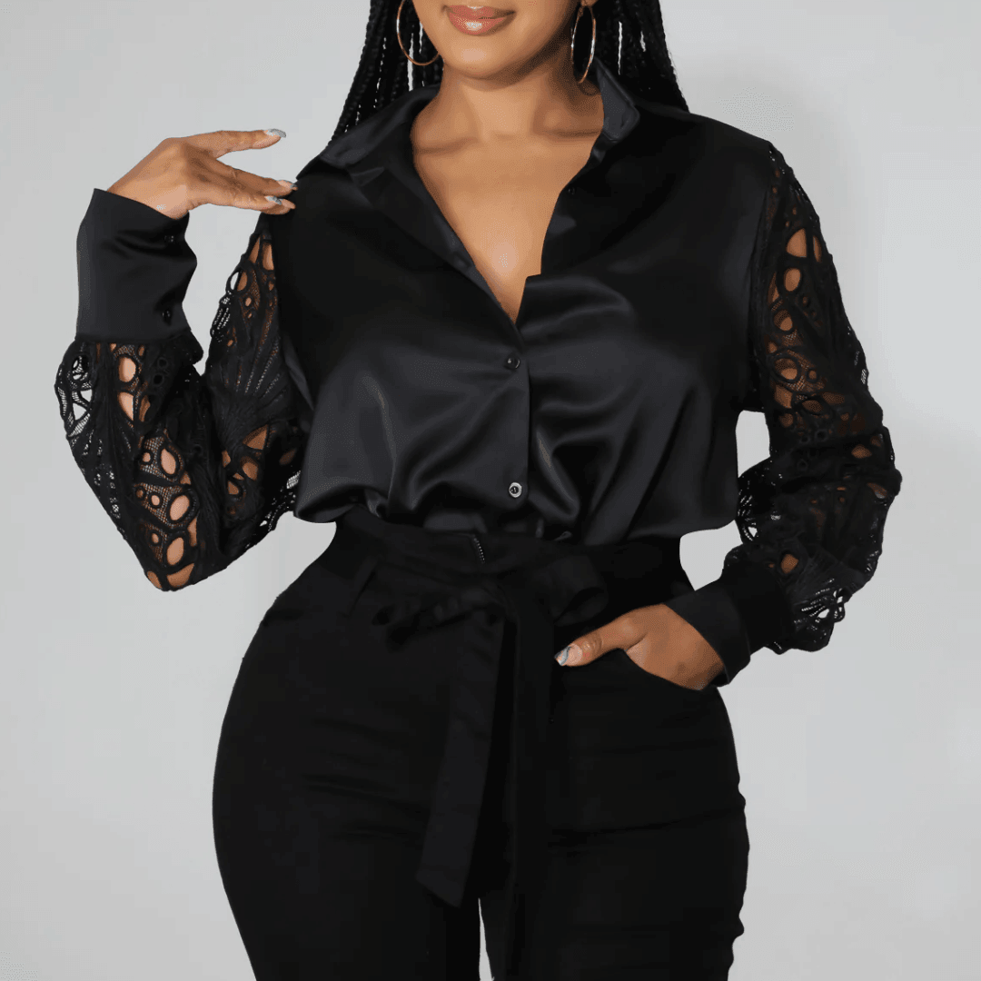 Blouse with satin body and lace sleeves, elegant evening style.