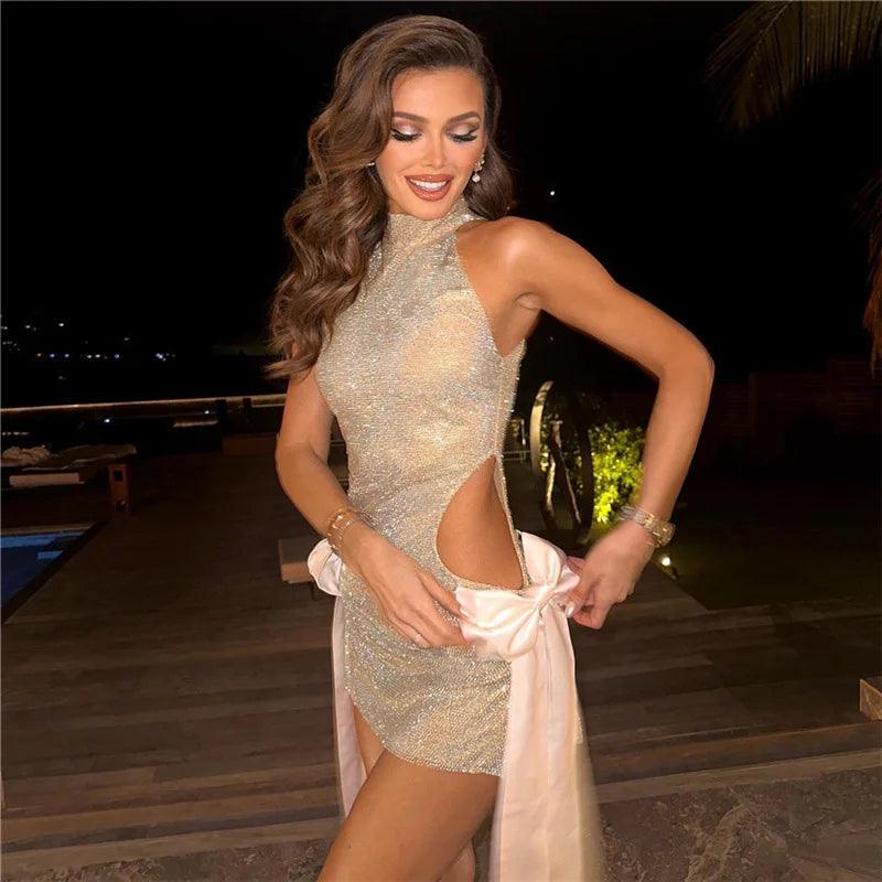 Tonight's Mystery Bow Cut Out Glitter Mini Dress - Champagne / S - Mermaid Way