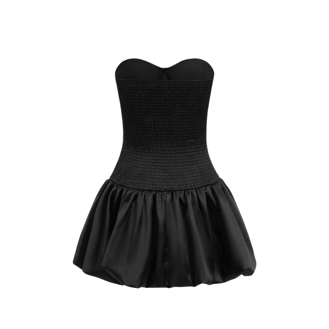 Black mini dress with a fitted corset bodice and a flared satin skirt, styled for a chic and elegant evening look.