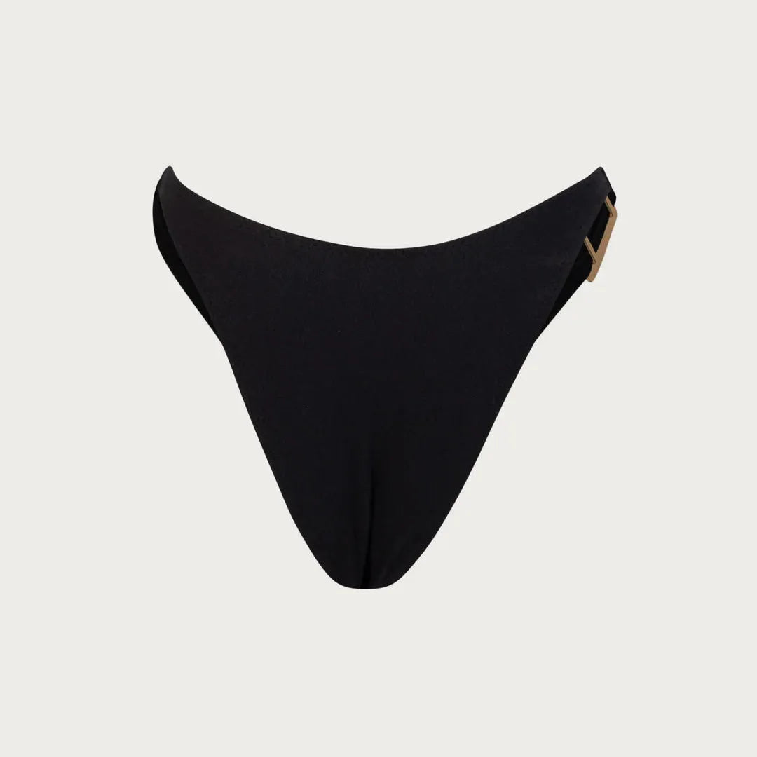 black bikini bottoms with side buckle detail