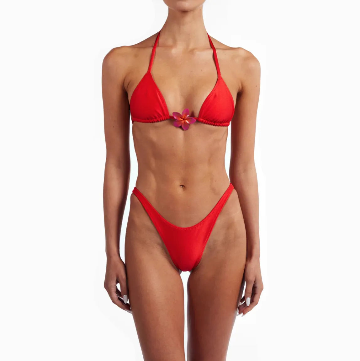 Red triangle bikini featuring a floral accent at the center, styled with adjustable ties for a custom fit.