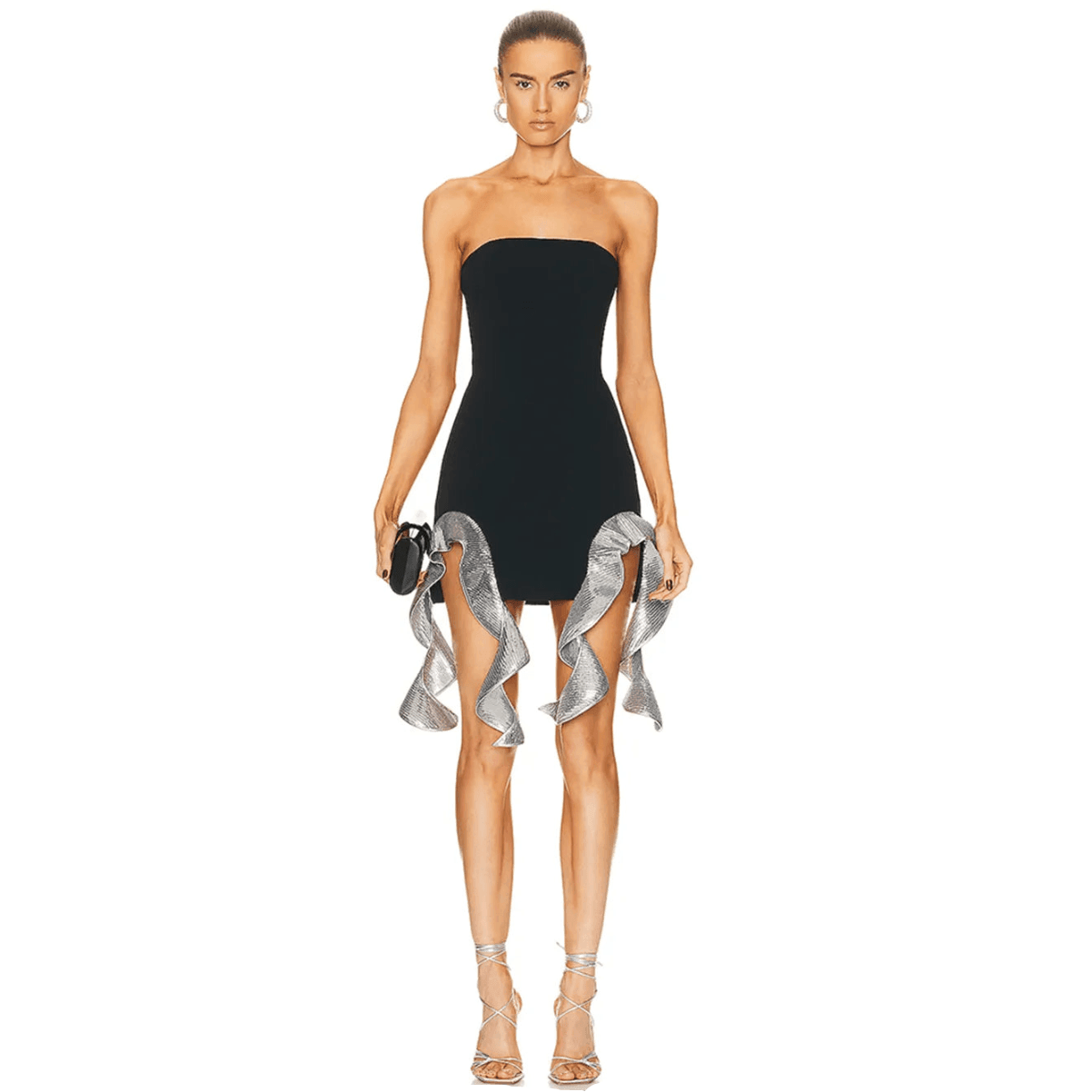 strapless mini dress with metallic ruffle details, evening look