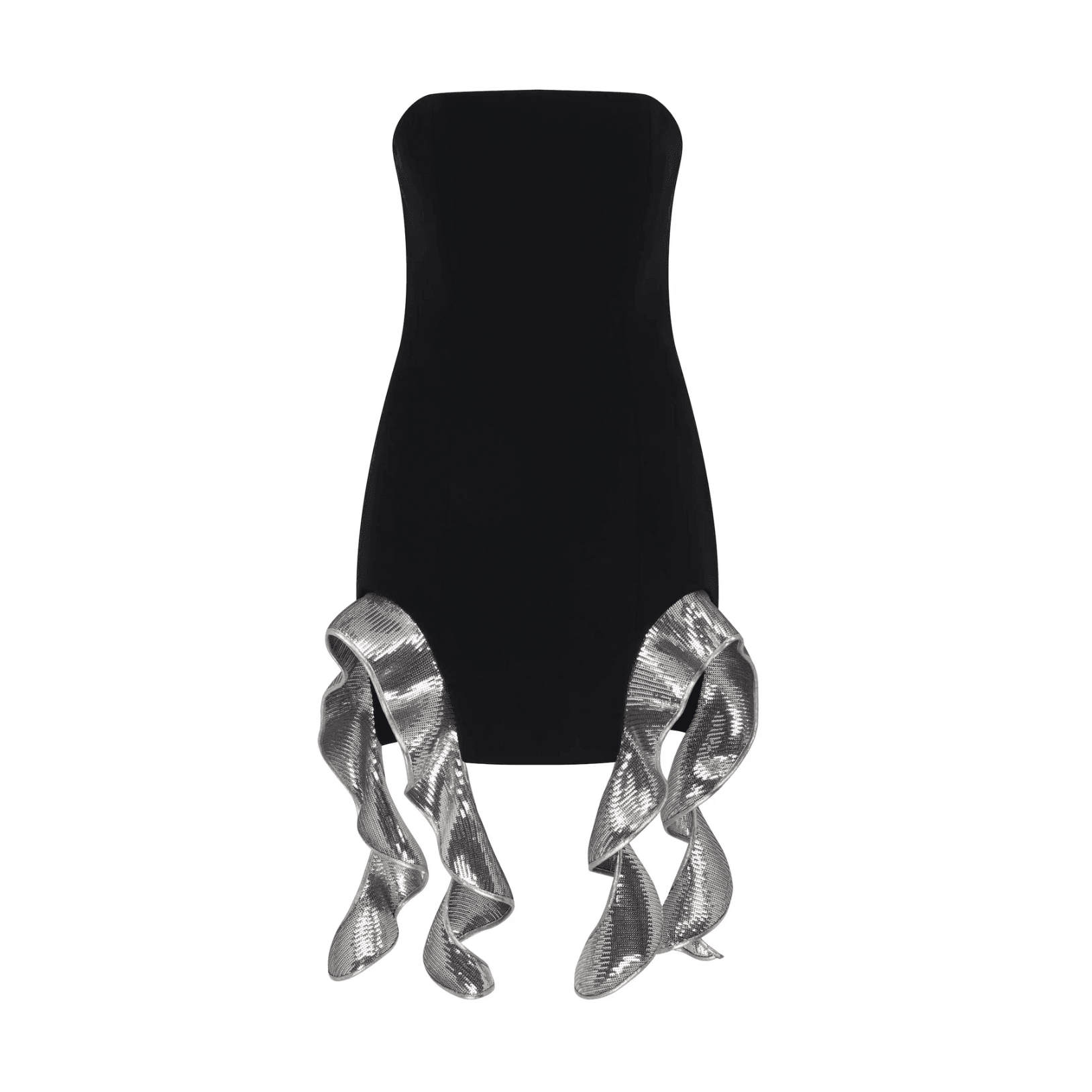 Black strapless mini dress with shimmering silver sequined ruffles, perfect for a night out or special occasion.