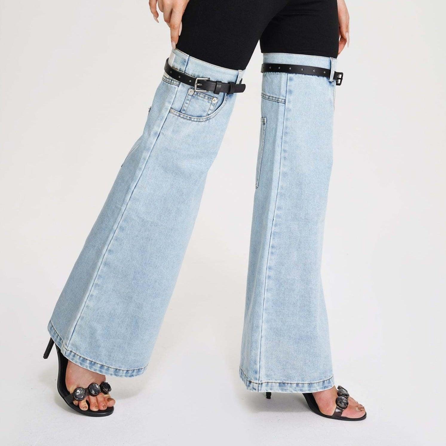 detachable denim pants with black straps and embellished heels