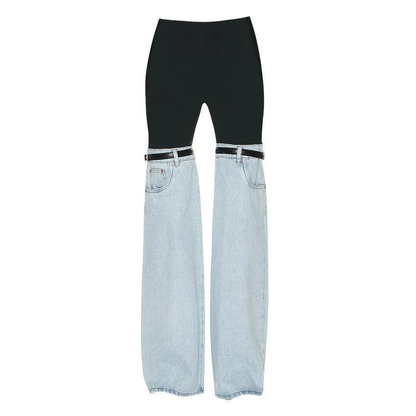 Black and light blue denim hybrid flare pants with high-waisted fit and a stylish wide leg, perfect for casual outings.
