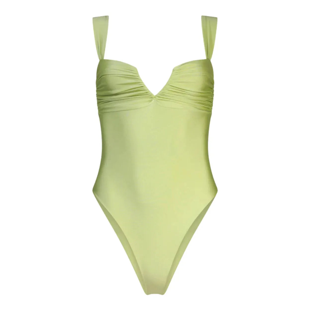 Light green one-piece swimsuit with ruched detailing and adjustable straps, perfect for beach or pool outings.