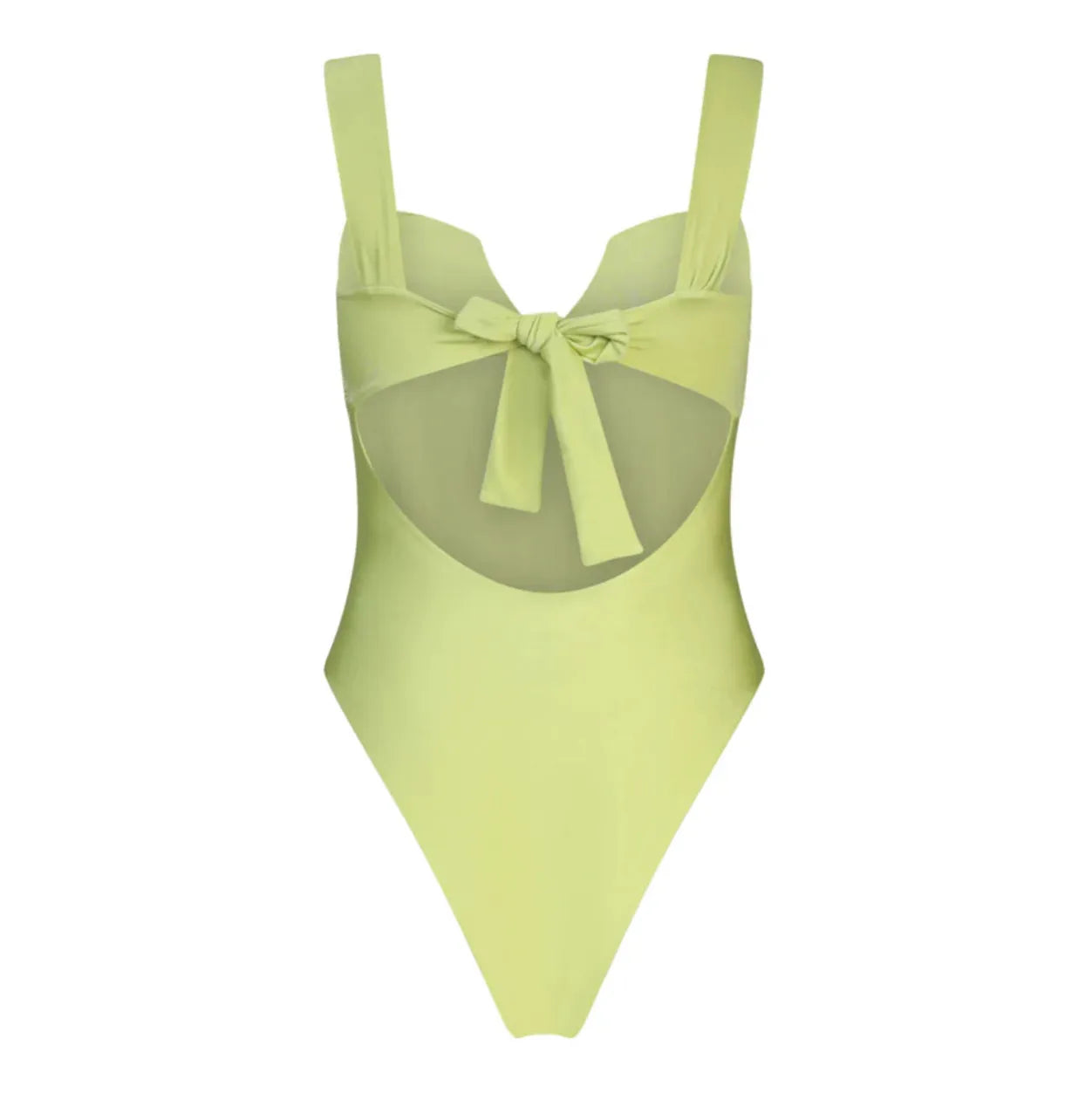 Mint green one-piece swimsuit featuring a bow accent and sheer panels, perfect for beach days or poolside lounging.