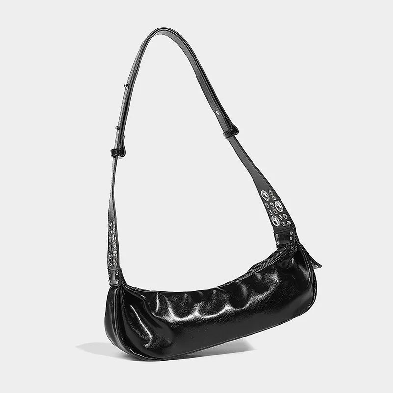 black leather shoulder bag with studded strap, evening accessory