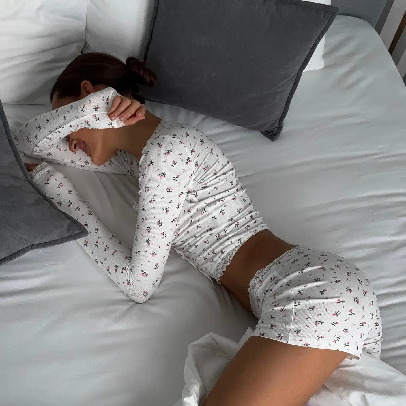 floral long-sleeve top and shorts set, loungewear