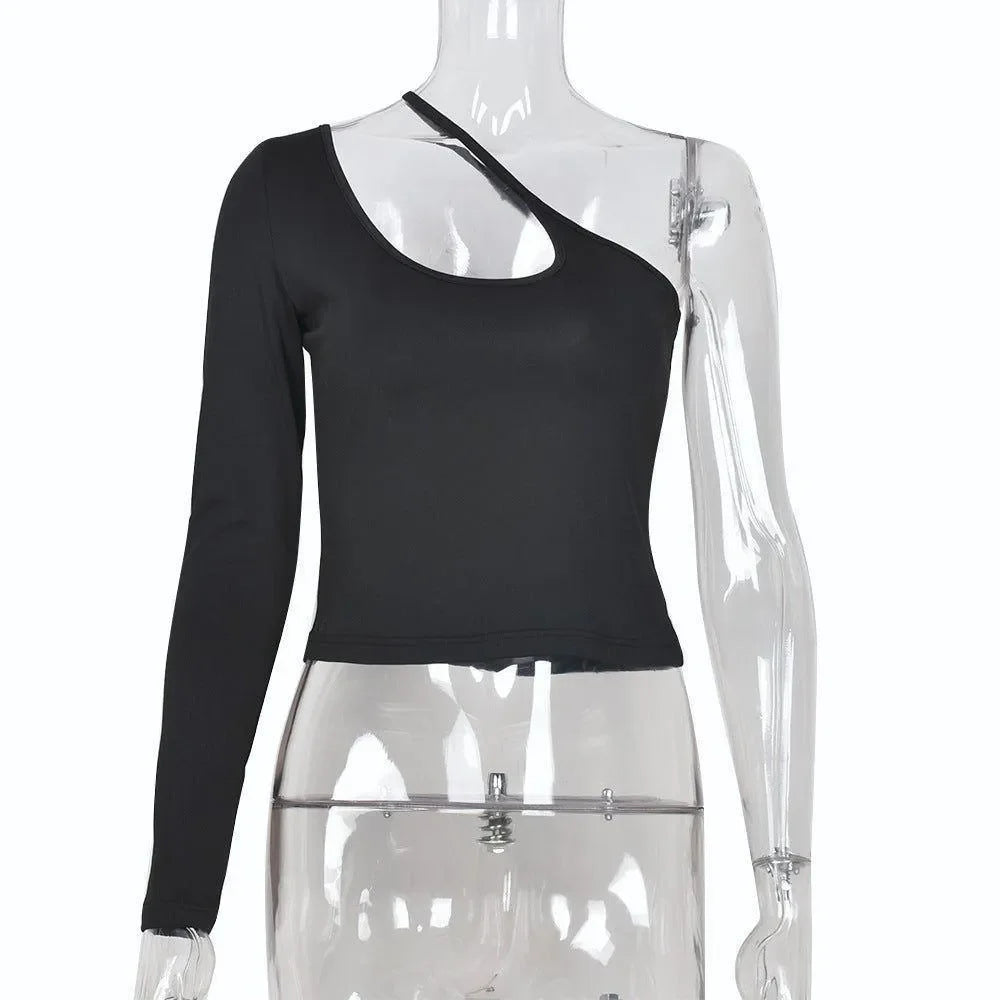 Black asymmetric one-shoulder top with a fitted silhouette and long sleeve, perfect for chic evening outings or casual wear.