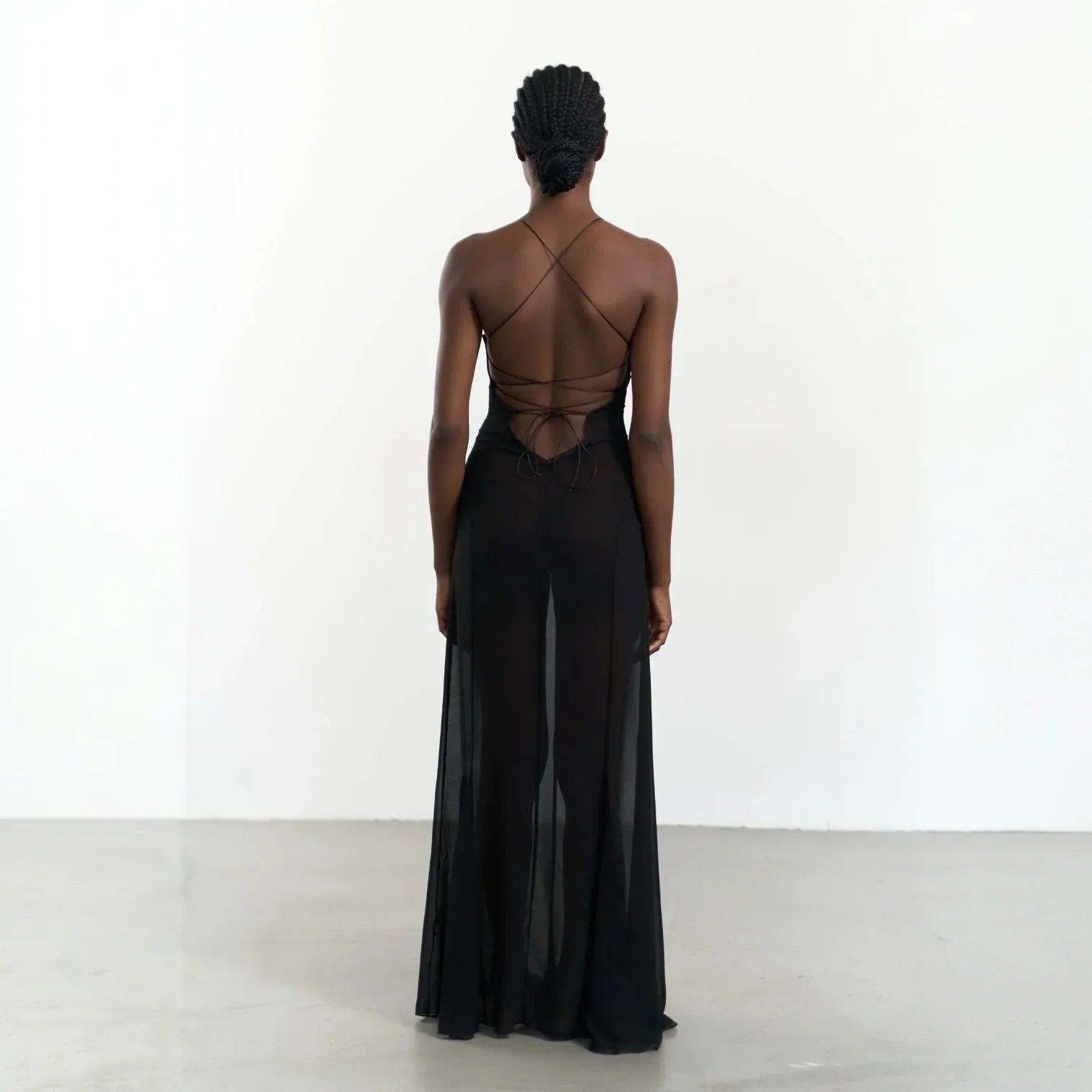 black sheer maxi dress with open back, evening wear