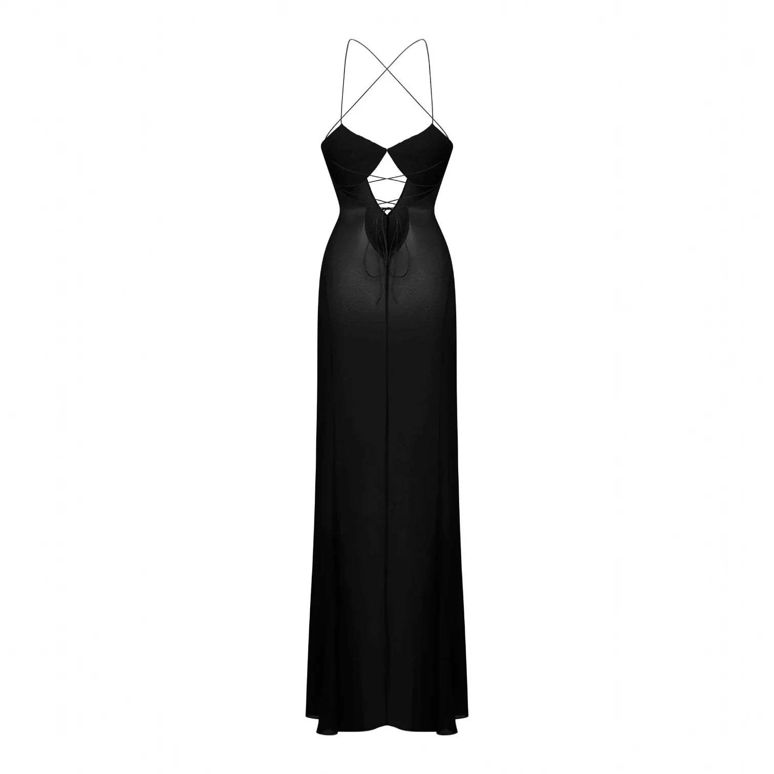 Black maxi dress with mesh cutouts and lace-up back details, featuring a fitted silhouette and spaghetti straps.