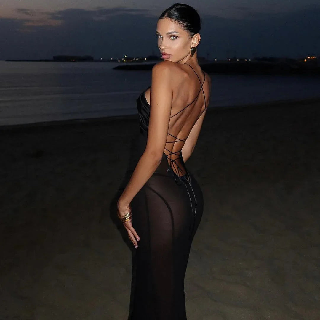 backless mesh maxi dress with crisscross straps, evening wear