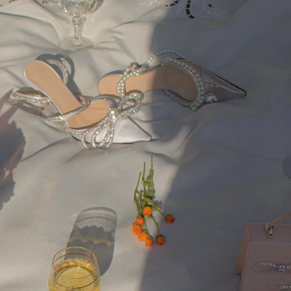 crystal-embellished heels with pointed toe, evening elegance