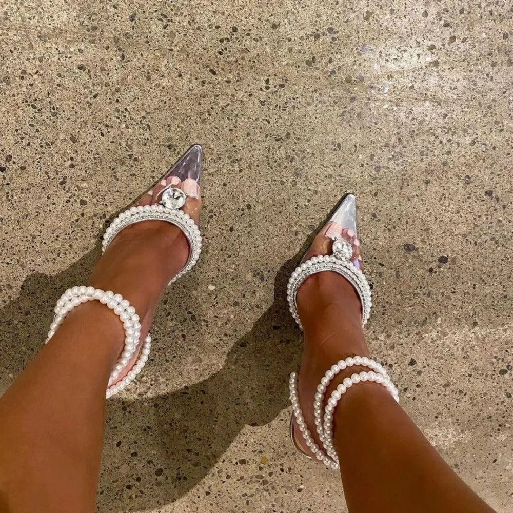 pearl-embellished clear heels with pointed toe