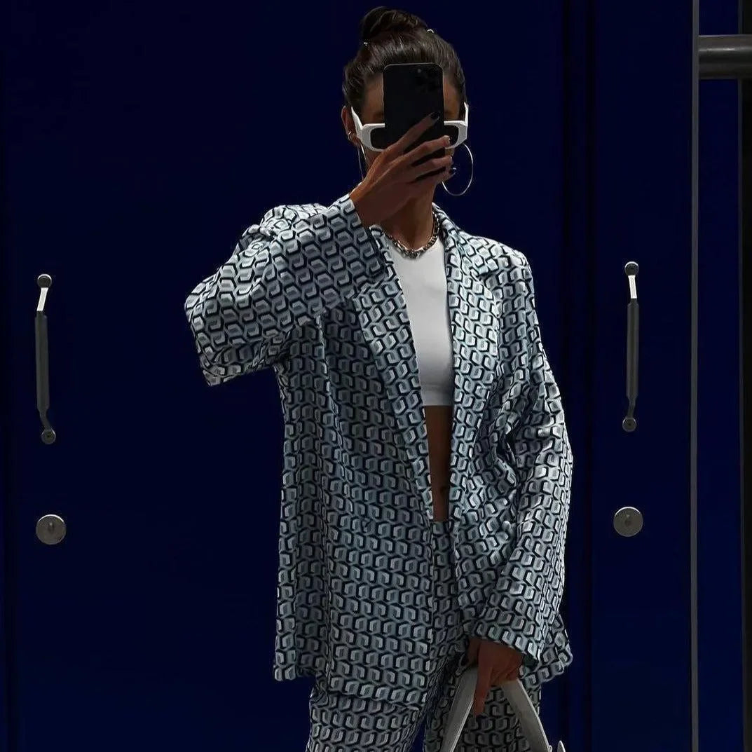 patterned oversized blazer with cropped top and co-ord trousers