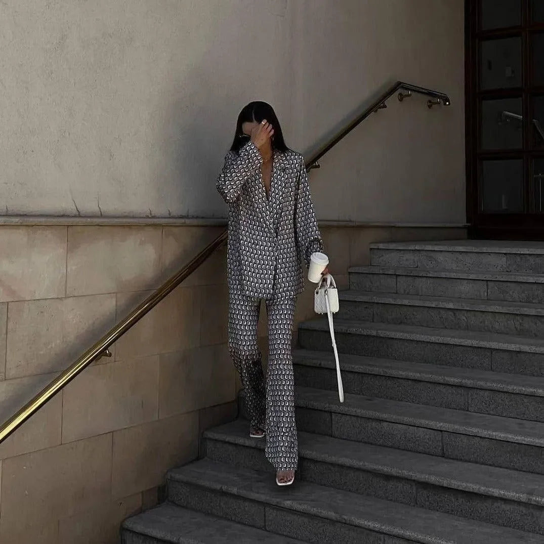 printed two-piece suit with flared pants, chic daywear