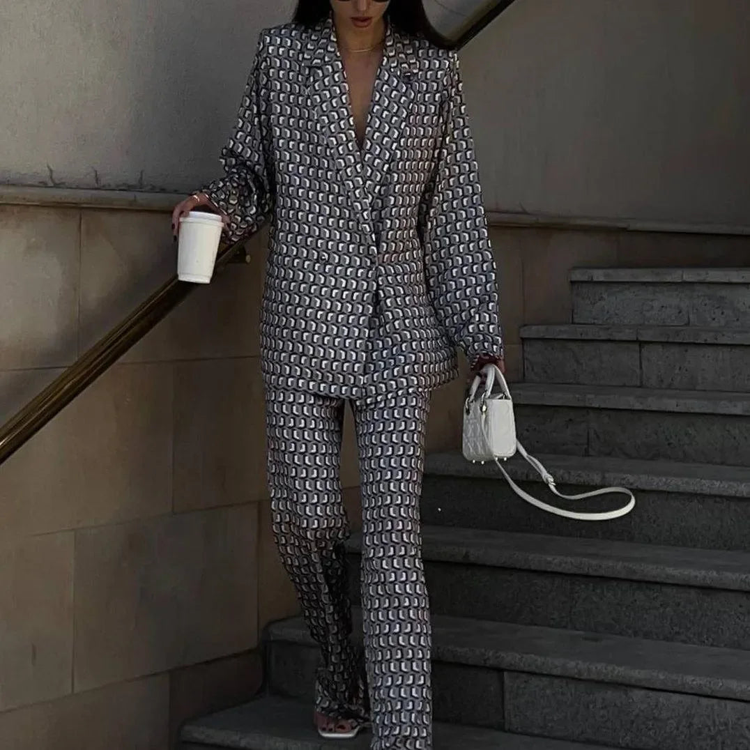 patterned blazer and pants set, chic wear