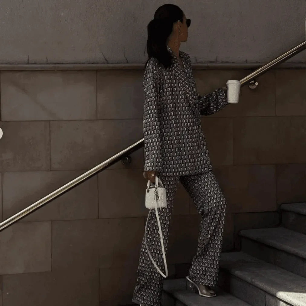 patterned blazer and pants set, chic wear