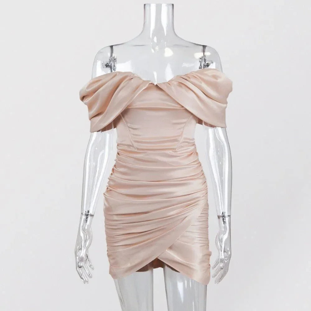 satin off-shoulder ruched mini dress, evening wear