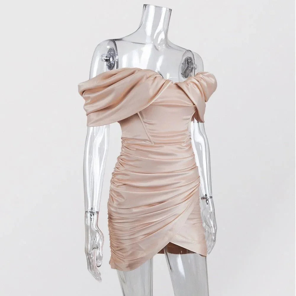 off-shoulder ruched satin mini dress, evening wear