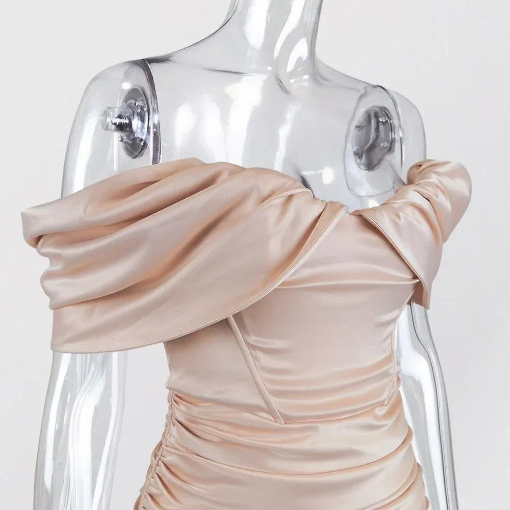 satin off-the-shoulder ruched dress, evening look