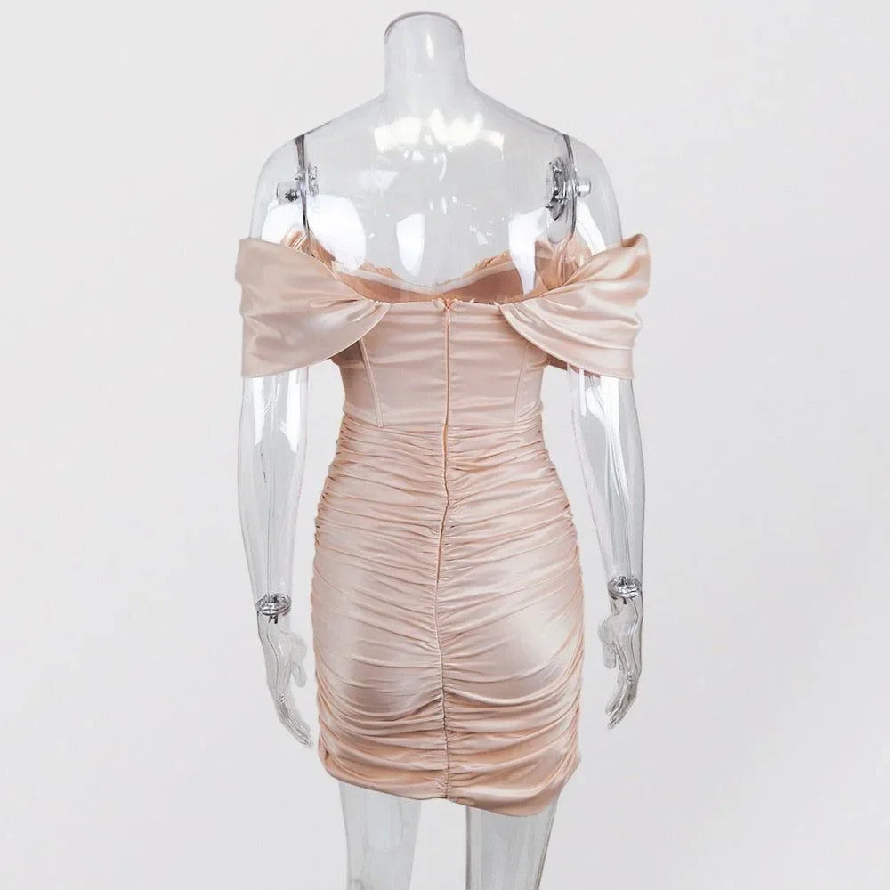 ruched satin off-shoulder mini dress, evening wear