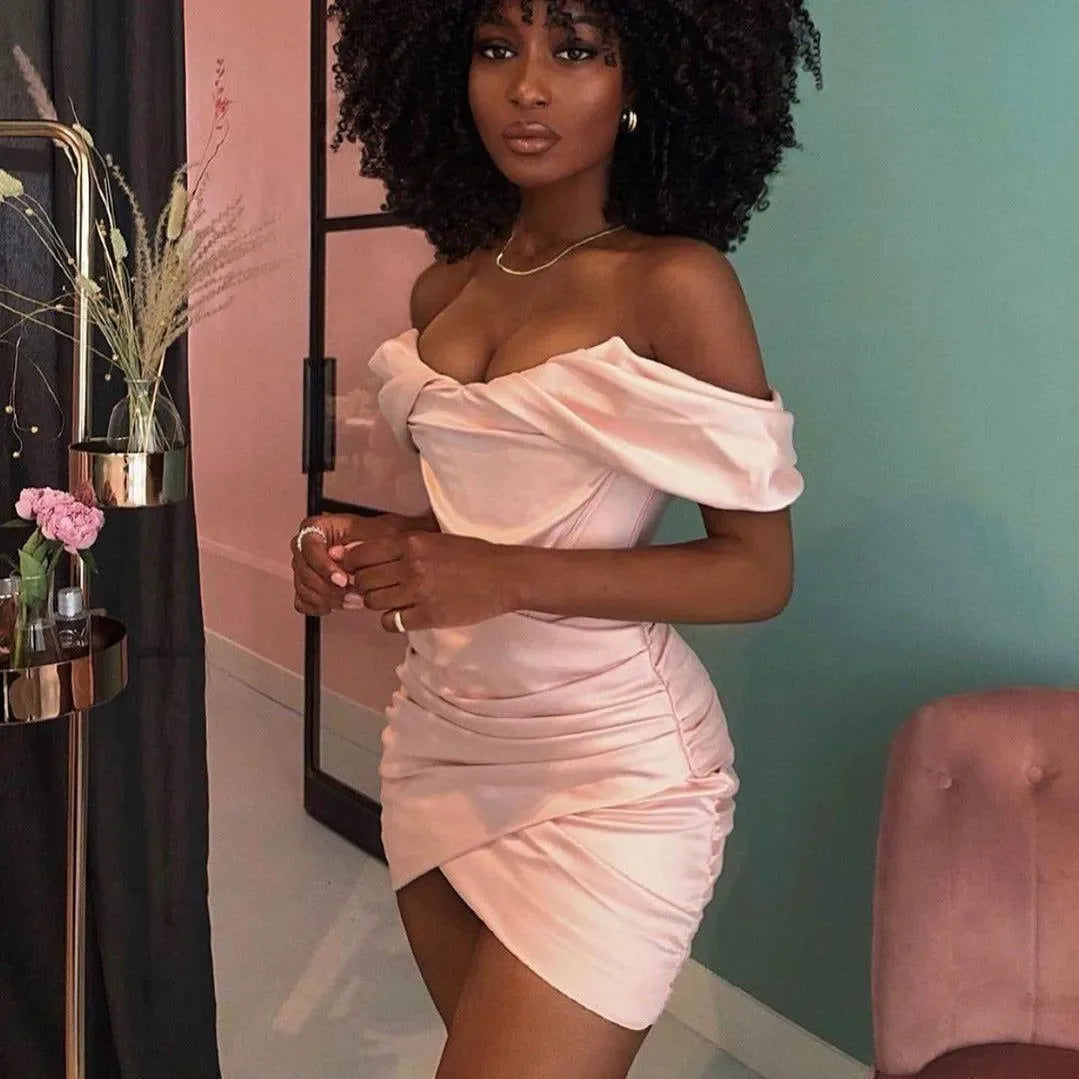 Agata Off The Shoulder Satin Mini Dress - Pink / S - Mermaid Way