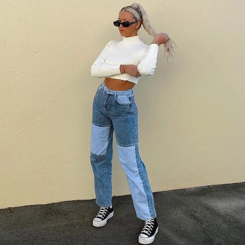 color-block high-waisted jeans with patchwork design, casual street style