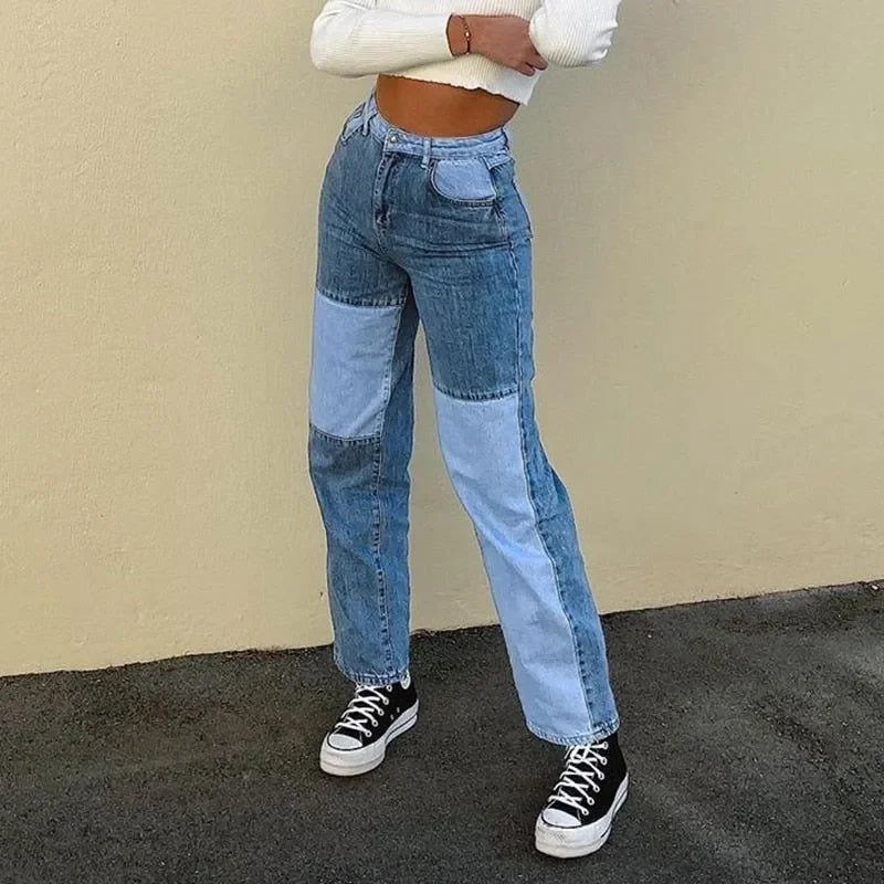 two-tone patchwork jeans with casual sneakers