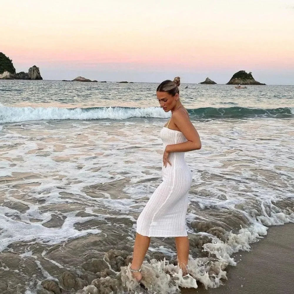 strapless ribbed midi dress in white, beach style