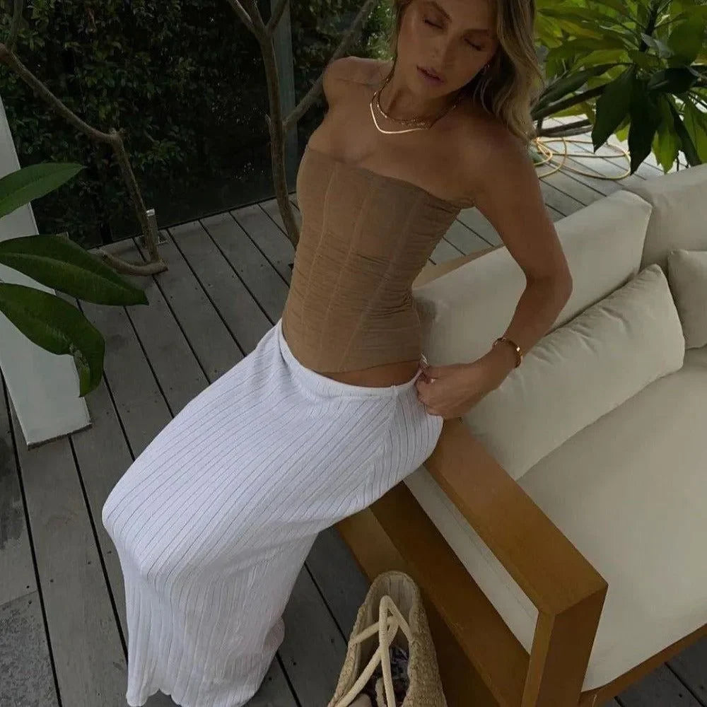 strapless corset top with ribbed maxi skirt, casual chic look