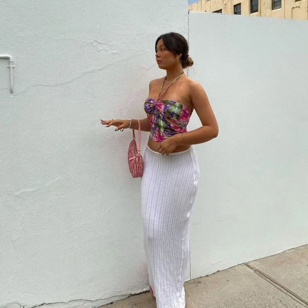 floral strapless top with ruched detail and white ribbed maxi skirt, casual look