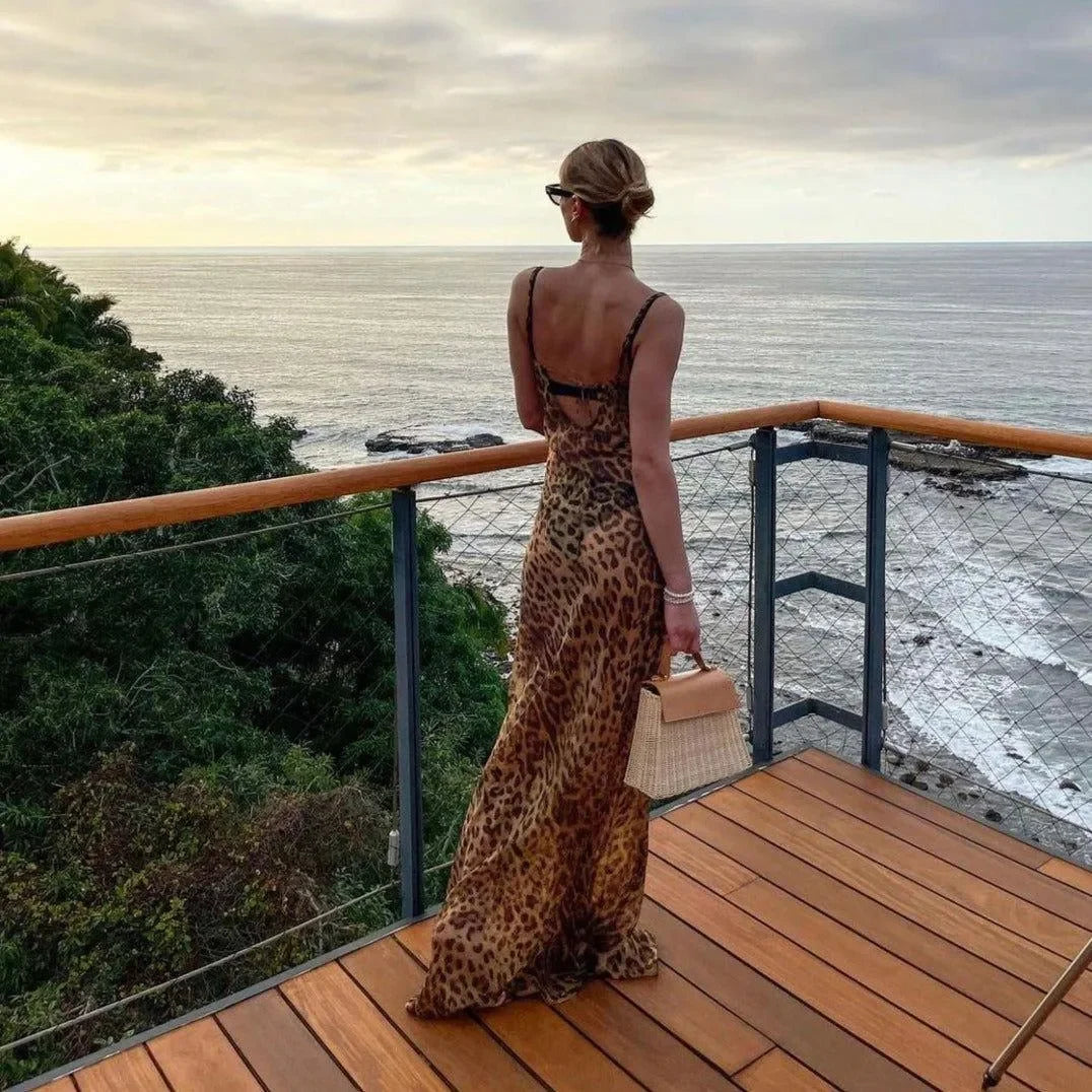 leopard print maxi dress with thin straps, evening wear