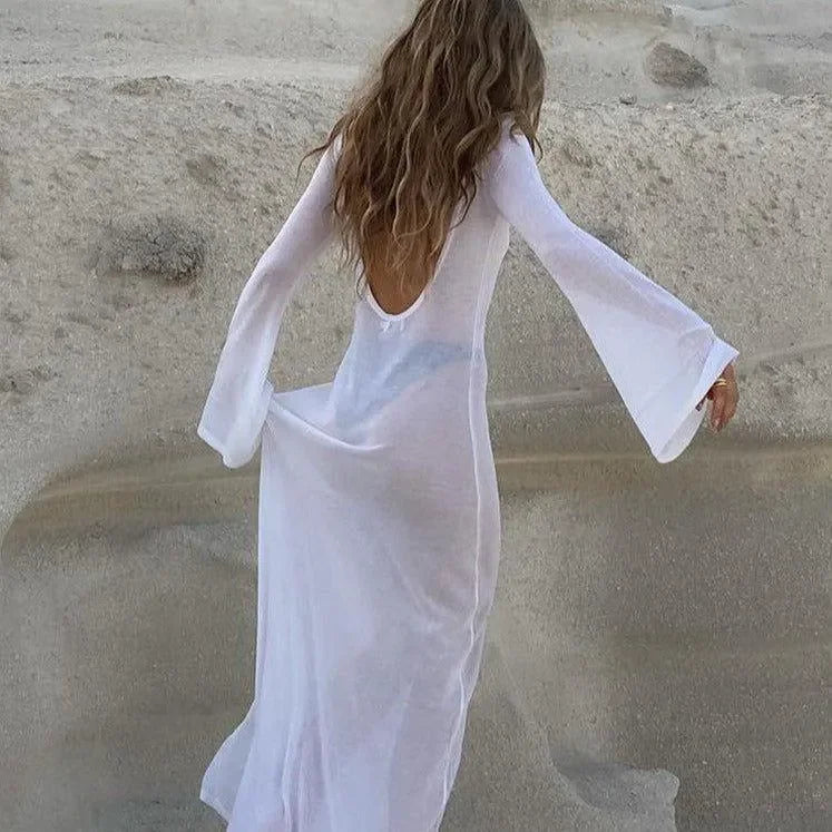 Barrett Long Sleeve Cover-Up Beach Dress - White / S - Mermaid Way
