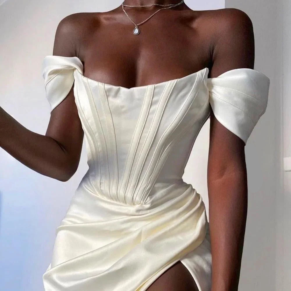 Bella Ivory Off-Shoulder Corset Dress in Satin Bella Ivory Off-Shoulder Corset Dress in Satin