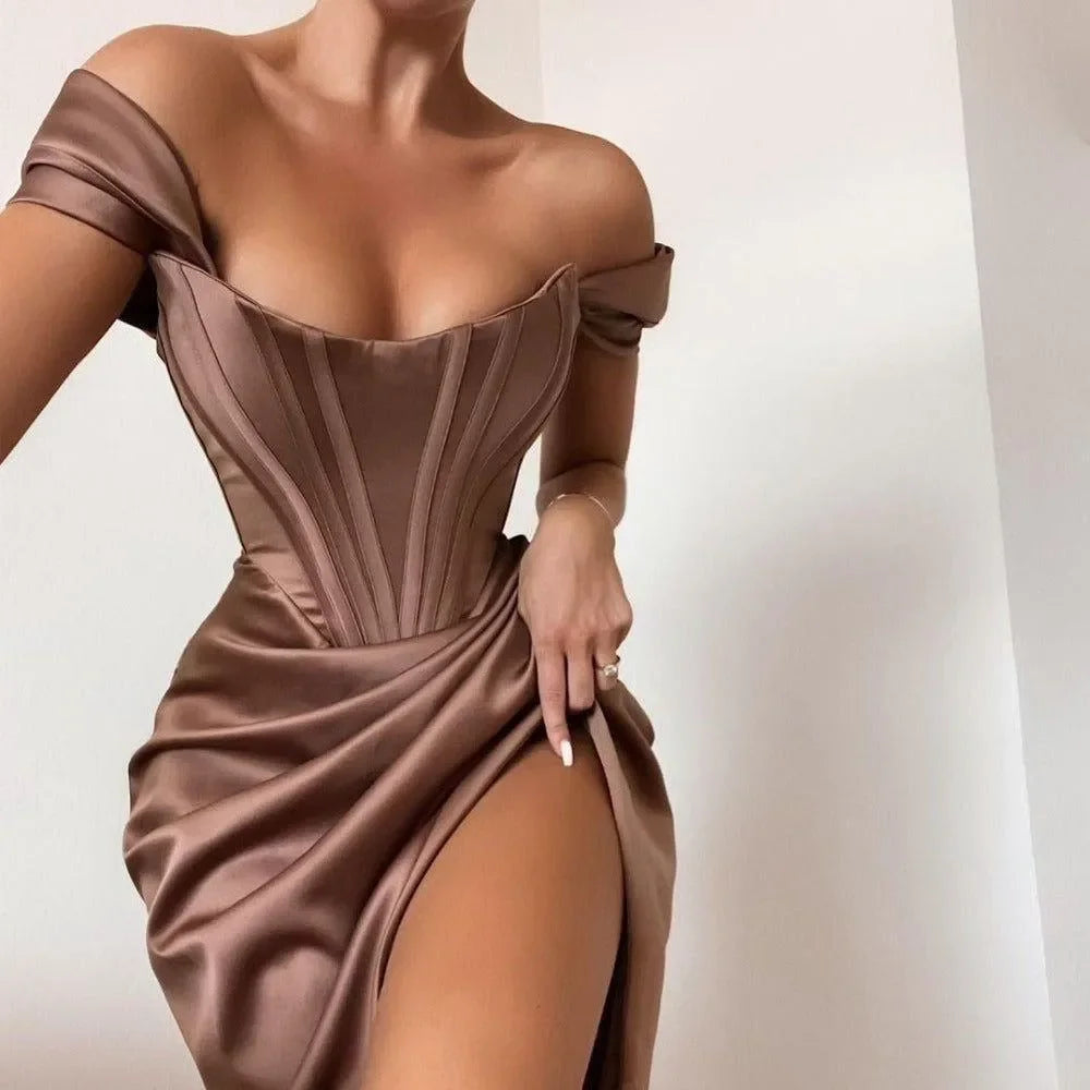 Bella Elegant Off The Shoulder Corset Dress - Brown / S - Mermaid Way