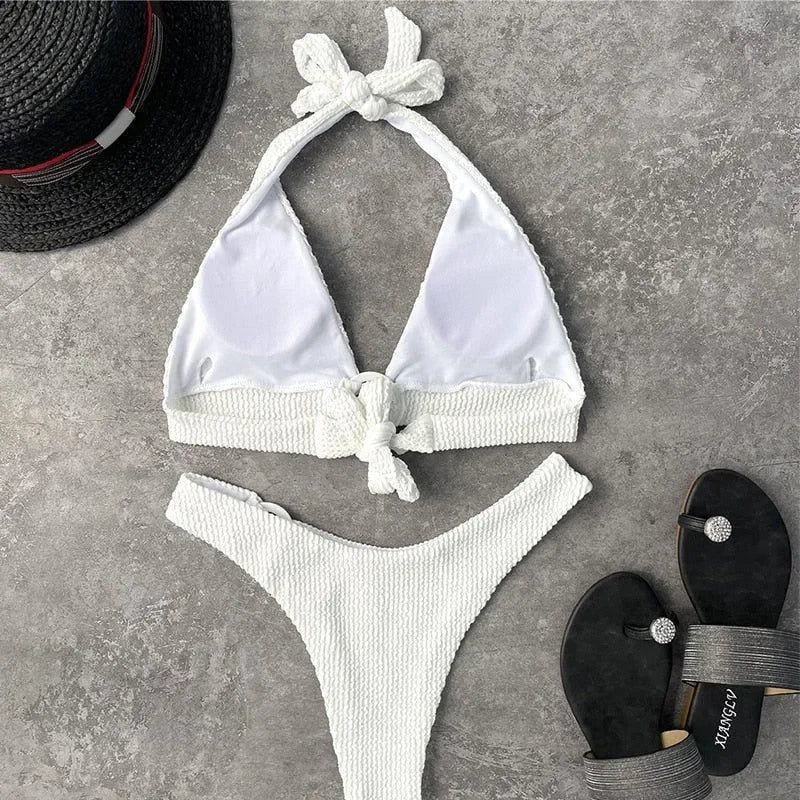 white textured bikini set with halter top, beachwear