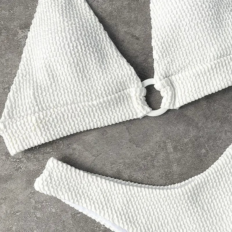 white textured bikini set with ring detail