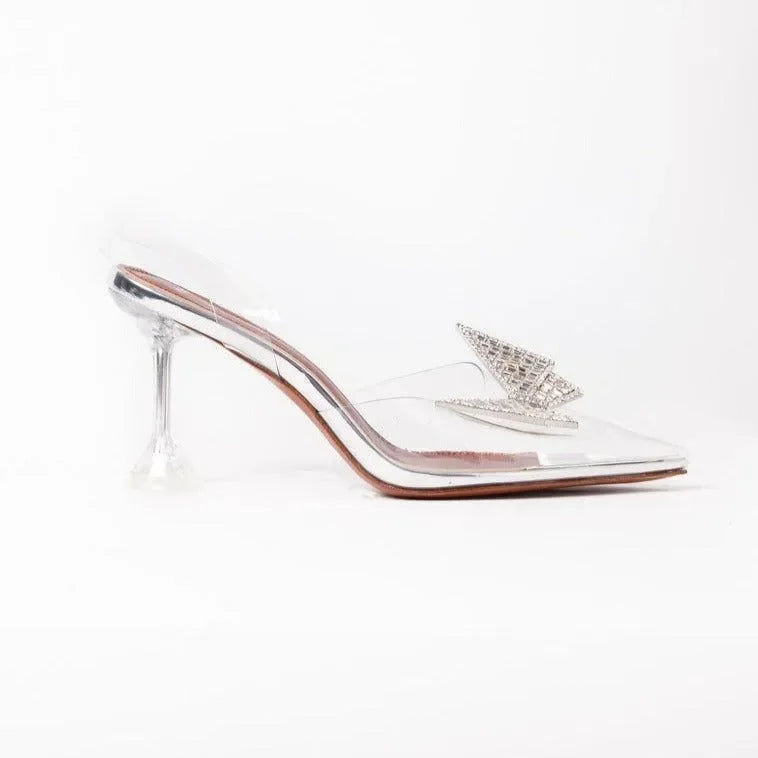crystal embellished clear heels with pointed toe, evening wear