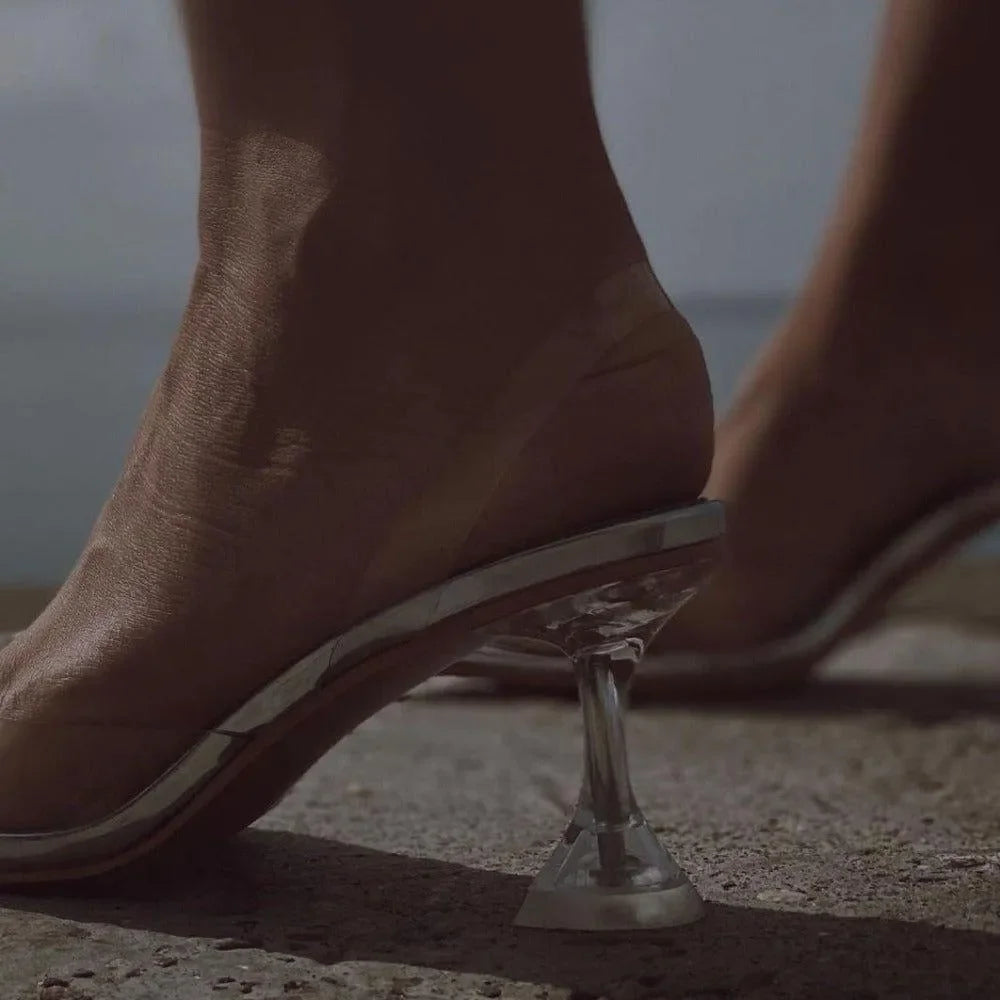 clear stiletto heels with unique base design