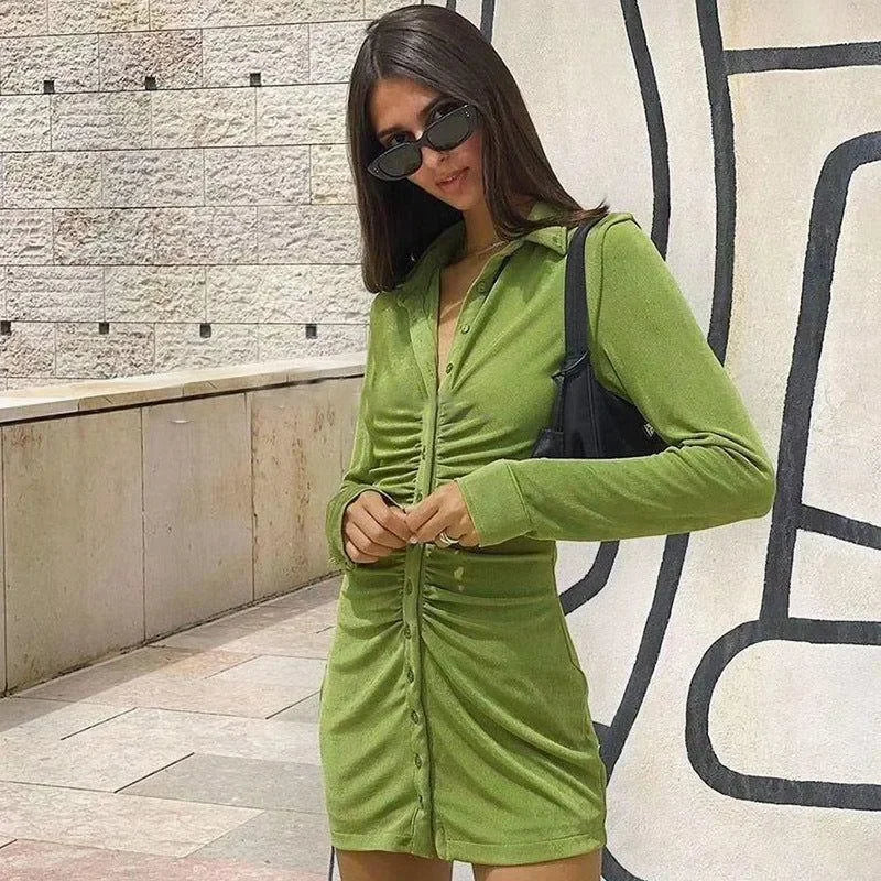 Blooms Love Ruched Long Sleeve Mini Dress - Green / S - Mermaid Way