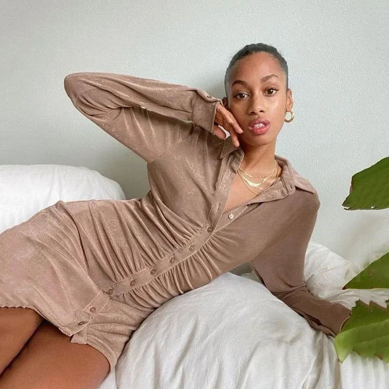 Blooms Love Ruched Long Sleeve Mini Dress - Beige / S - Mermaid Way