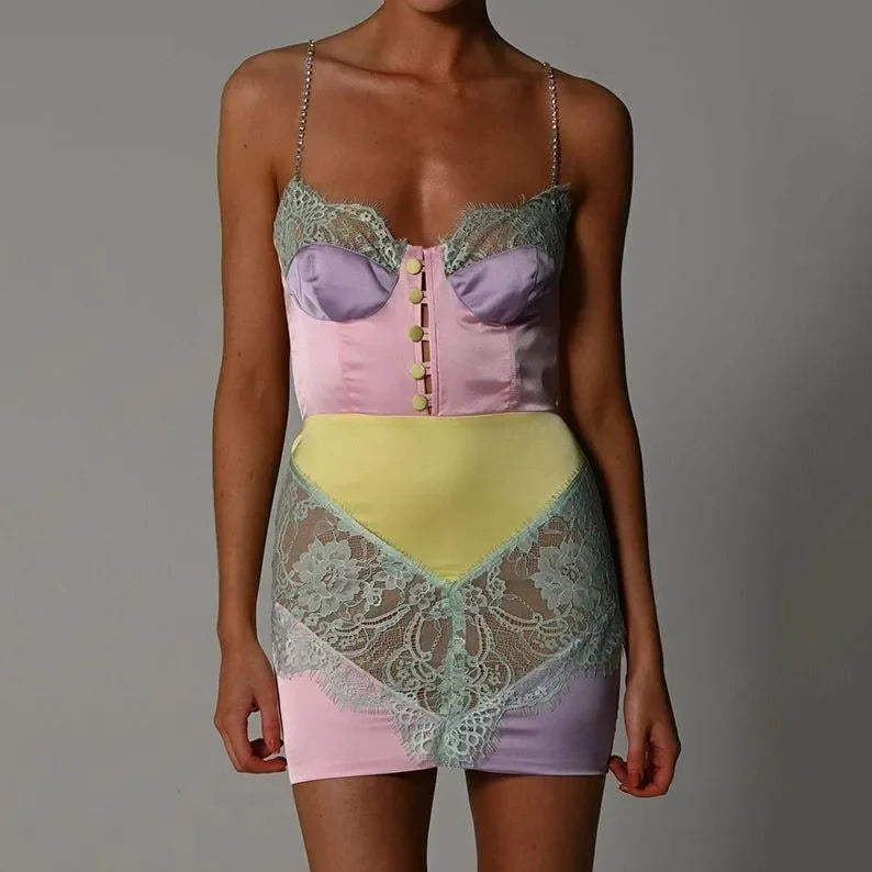 bombshell mini dress Satin Lace Mini Dress with Iridescent Crystal Straps Pink / L