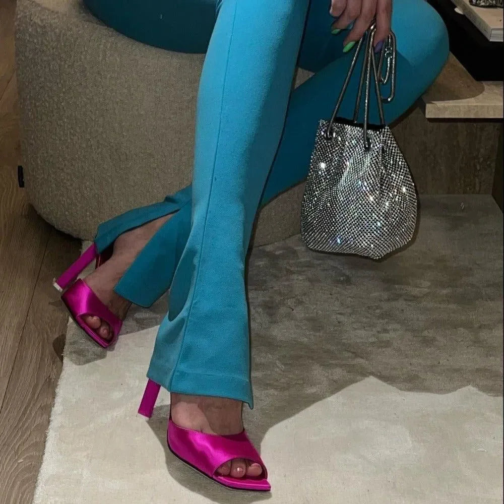 metallic pink open-toe heels and rhinestone bag, evening look