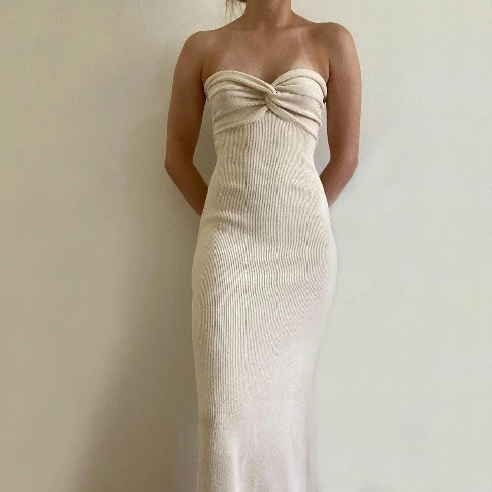 Butterscotch Knitted Twist Knot Front Tube Maxi Dress - Ivory / S - Mermaid Way